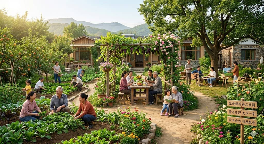 生命禅院第二家园成员共同劳作、聚餐与娱乐的和谐集体生活场景，展现天下一家的生活模式 ...