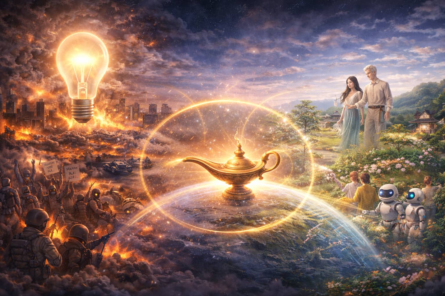 人类文明2.0与3.0对比图，左侧为战争与混乱，右侧为人与AI和谐共生，象征文明3.0正在运行与发展 ...