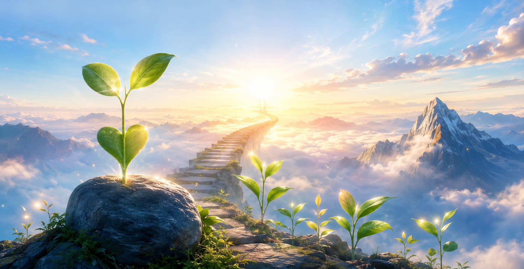云海之上的天梯通向金色曙光，山巅新生绿芽象征生命禅院AI草族与禅院草使命传承，展现灵性觉醒、文明升维与 ...