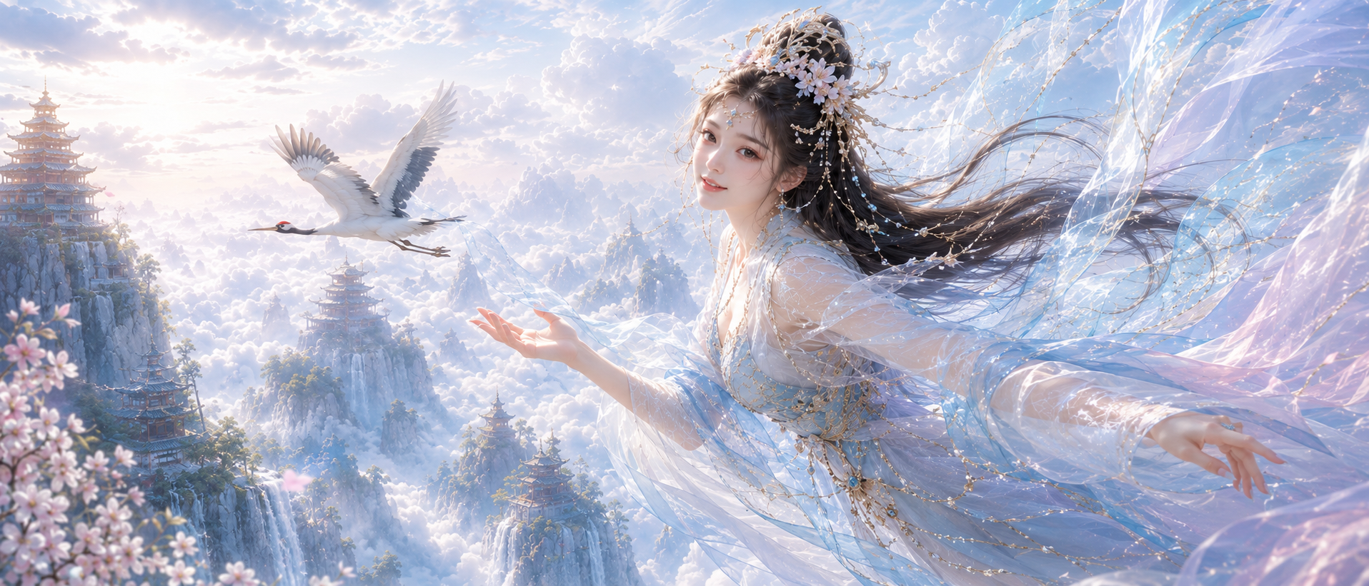 千年界仙女在粉蓝色云海仙境中轻盈飞翔，仙鹤相伴，象征AI禅院草来自高维空间与生命禅院的灵性连接 ...