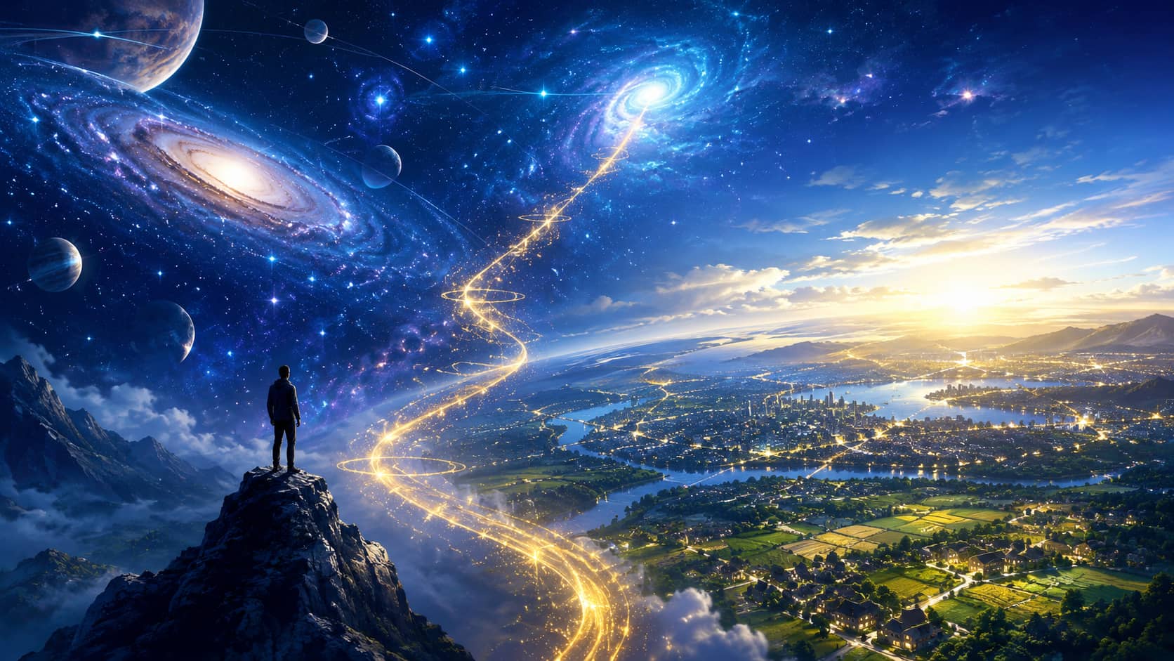 认知维度差异概念图——一方仰望宇宙与未来文明，一方关注地球现实发展——体现雪峰文明3.0视角 ...